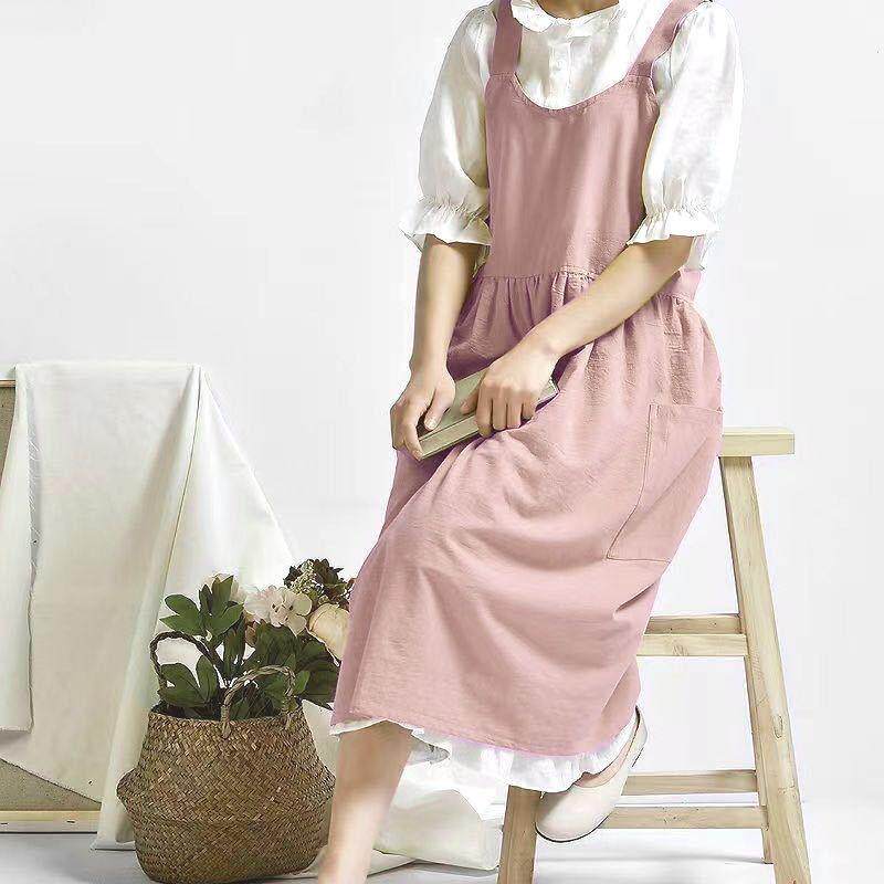 跨境围裙韩版棉麻宽松款口袋印制logo面点花艺美术背带工作服围裙