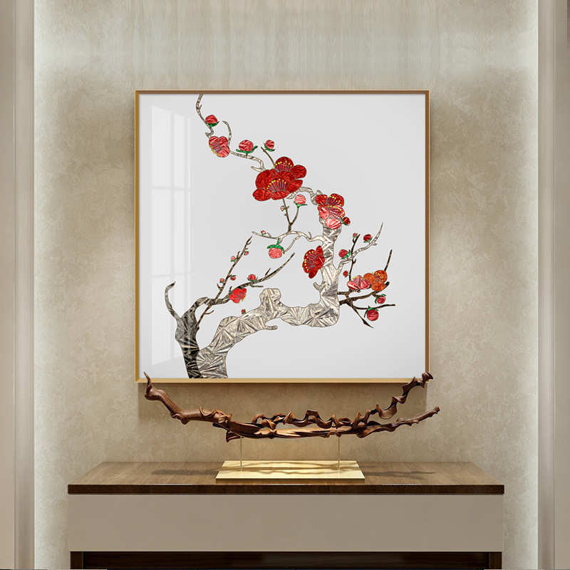 挂画背景新客厅墙面书房壁画中式墙花鸟卧室玄关装饰画开花正方形
