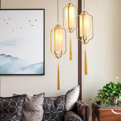 中式现代简约古典厅碳素钢布艺灯笼设计师样板房过道走新餐吊689