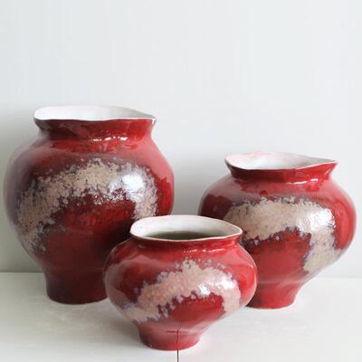 红色圆形陶瓷花瓶现代中式客厅插花摆件样板间民宿玄关高级感装饰