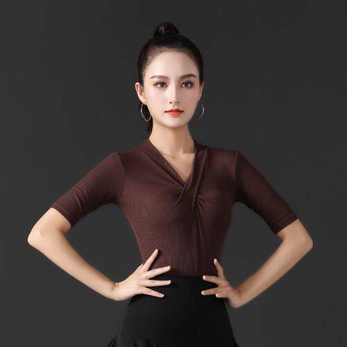 拉丁舞上衣女新款高端中长袖罗纹棉摩登舞交谊练功表演跳舞蹈服装