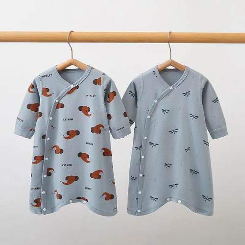 婴儿睡袍斜开双层护肚纯棉儿童长袖秋冬双层男女宝宝连体睡衣护肚