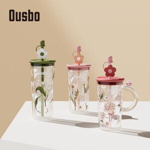 Ousbo双层玻璃水杯女高颜值大容量新款2025带吸管耐高温喝水杯子