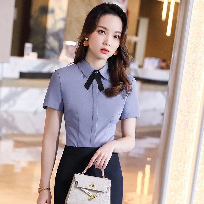 夏季女服务员工作服衬衫短袖酒店前台职业衬衣餐厅收银员工装套装