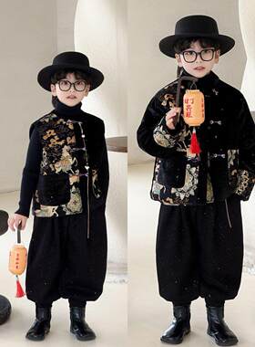 新中式男童拜年服2025冬季新款国风唐装外套男宝宝加绒马甲套装