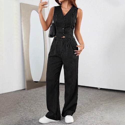 Women's Striped Print Button Front Vest Blazer & Pants
