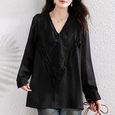 大码黑色气质v领蕾丝雪纺衫女春秋季2025年新款欧洲站宽松上衣潮