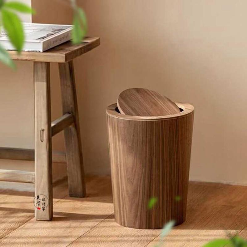 10升日式简约木质木桶创意家用酒店客厅卧室带盖翻盖垃圾桶