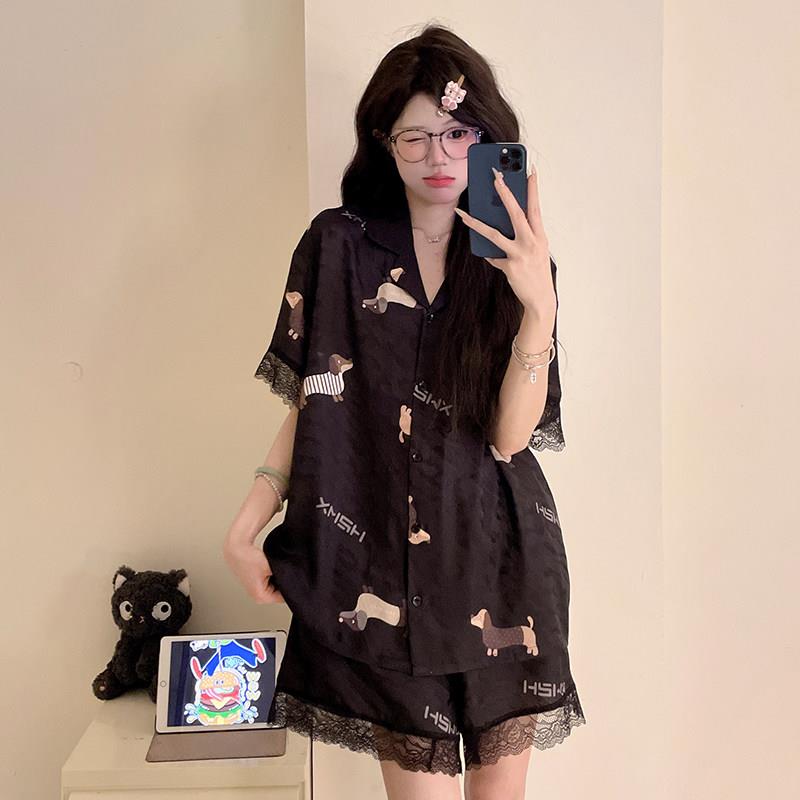 2025新款冰丝睡衣女士夏季短袖丝绸黑色蕾丝高级感家居服套装夏天