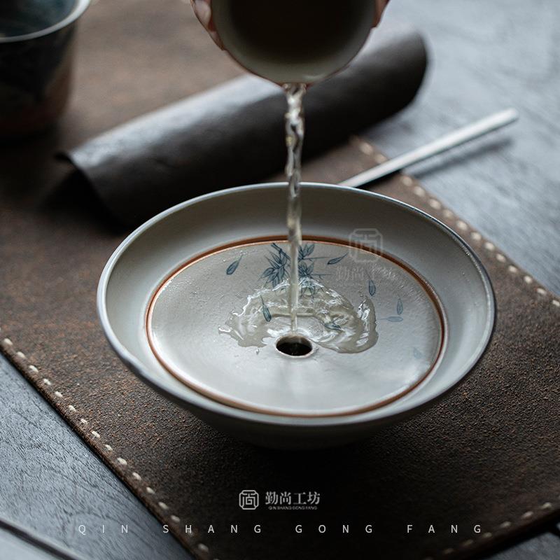 仿古手绘青花竹子壶承文人茶器干泡盘蓄水茶盘茶承陶瓷茶具配件