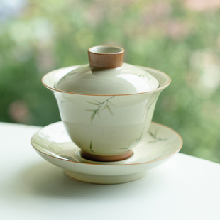 纯手绘筱竹圆满盖碗单个家用陶瓷茶碗茶杯泡茶器不烫手冲茶器