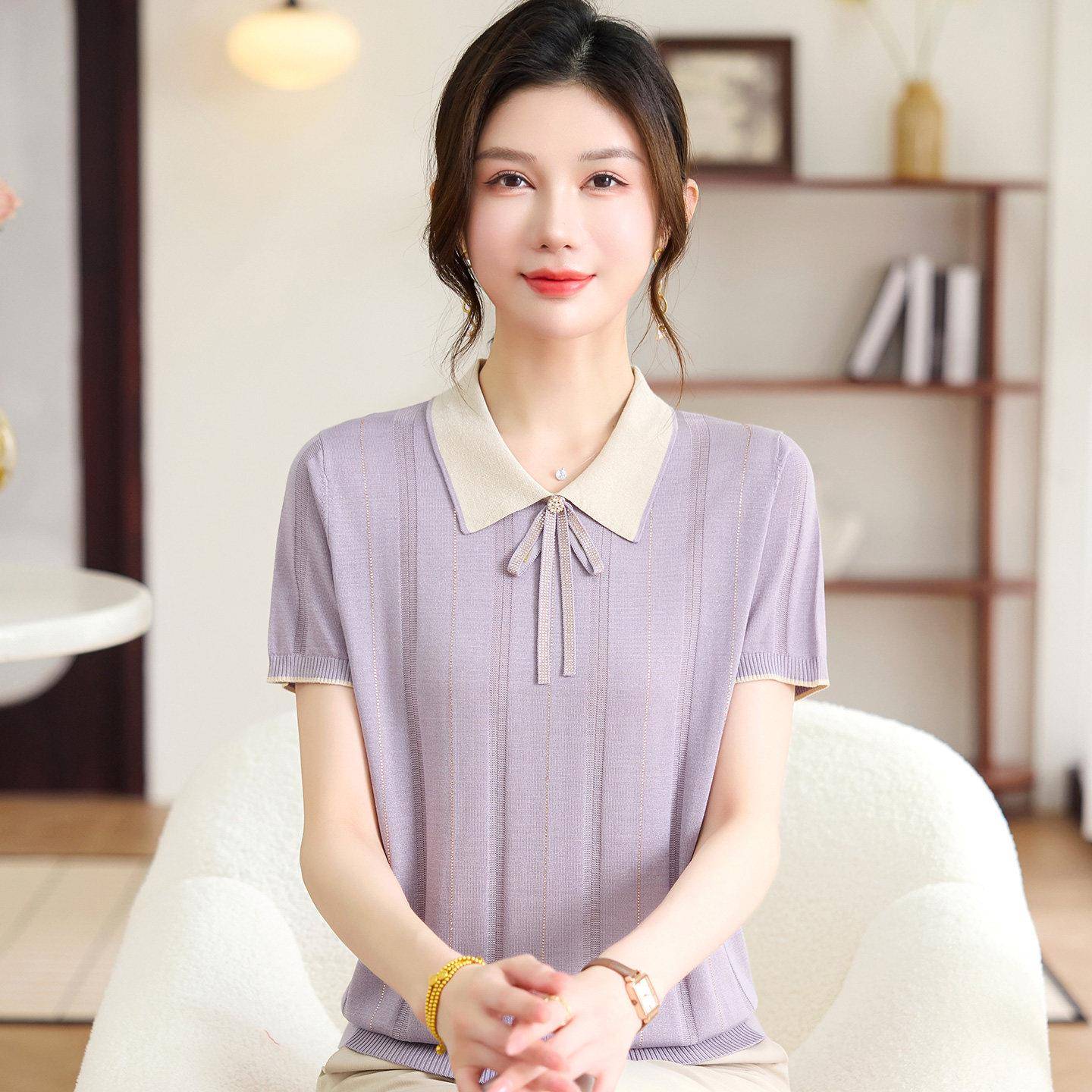 高档中年针织衫T恤女短袖夏装桑蚕丝100%小个妈妈真丝翻领上衣薄