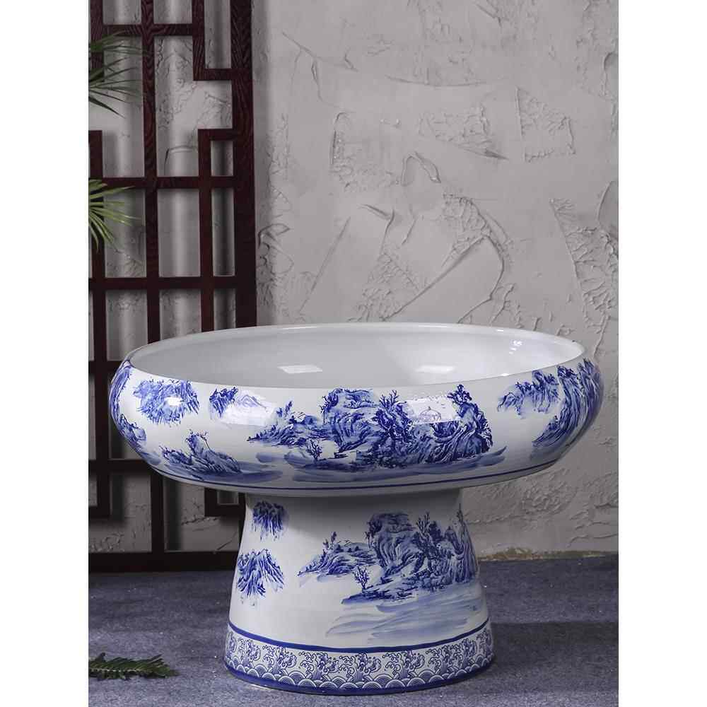 景德镇陶瓷鱼缸乌龟盆假山吸水石盆景大号特大上水石盆青花瓷立柱
