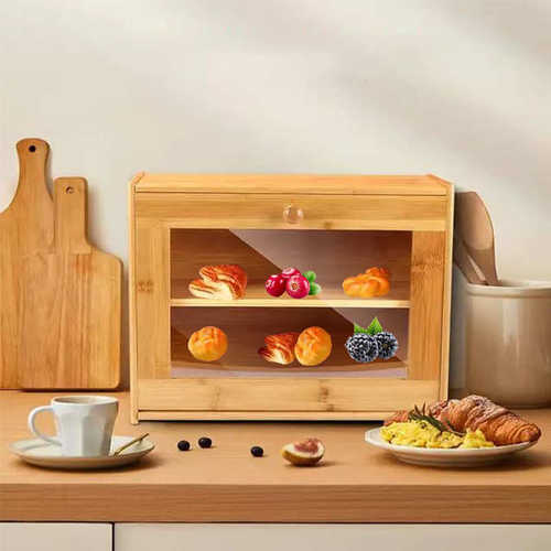 现货批发竹制面包箱厨房面包收纳整理盒食品储存台面收纳