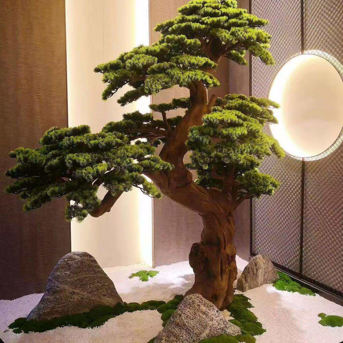 仿真迎客松树假树根抱石松罗汉松雕刻木雕酒店橱窗玄关造景装饰