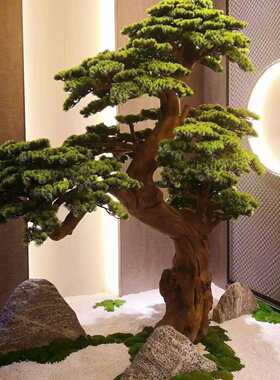 仿真迎客松树假树根抱石松罗汉松雕刻木雕酒店橱窗玄关造景装饰