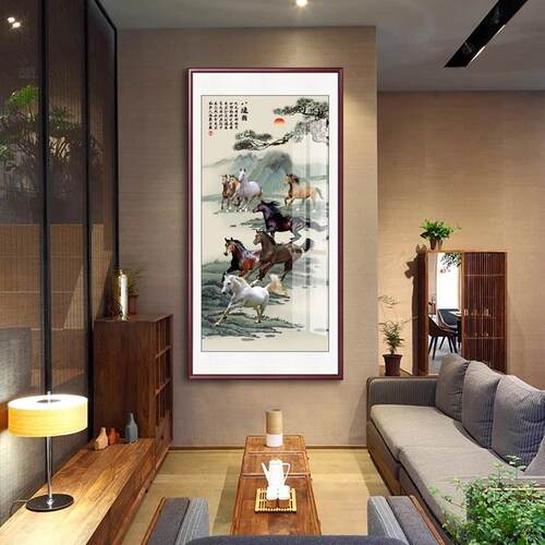 网红竖版八骏图入户玄关画装饰挂画办公室背景墙马到成功山水画骏