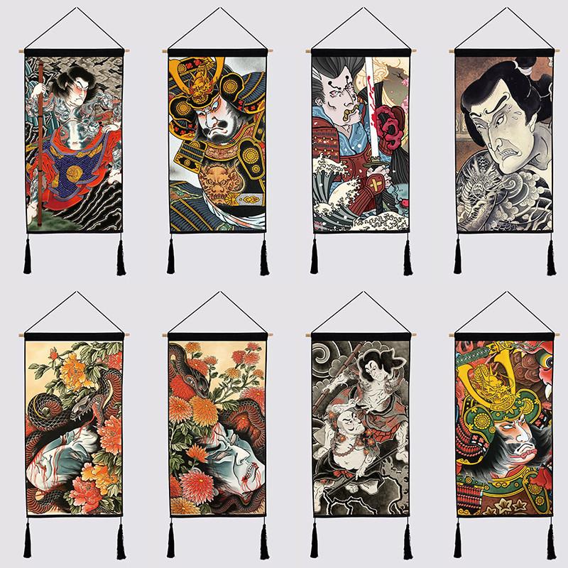 纹身挂布背景墙背景布挂毯布艺挂画客厅墙壁可定制日本武士装饰布