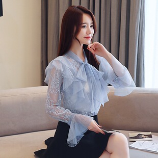 2019新款女装春装欧货蕾丝很仙的上衣雪纺小衫女秋冬时尚百搭洋气