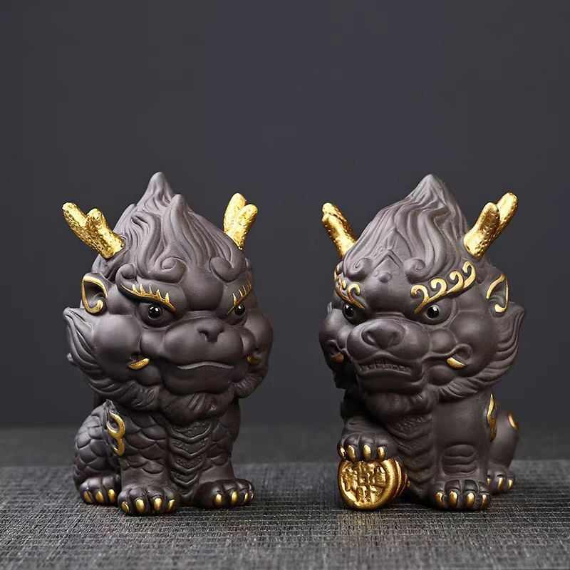 精品原矿紫砂招财麒麟茶宠高档瑞兽貔貅金蟾摆件可养茶桌茶台茶玩