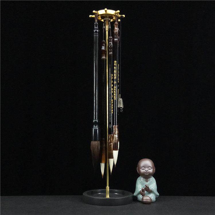 黄铜杆砚石底座笔架毛笔挂墨碟创意摆件挂笔接水毛笔架文房四宝