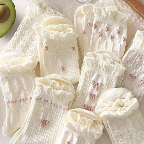 9 Pairs of Women's Floral and Bowknot Printed Ruffled Socks