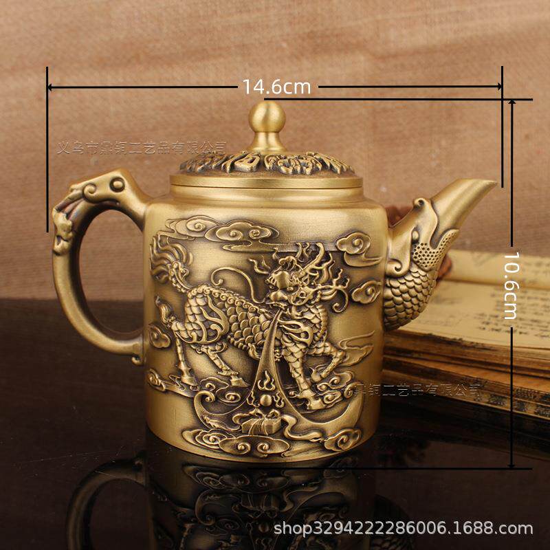 黄铜工艺品古玩铜器黄铜浮雕百福茶壶龙凤麒麟酒壶家居茶摆件手工
