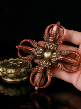 尼泊尔精工全铜十字白铜紫铜五股金刚杵带底座供奉法器装饰摆件