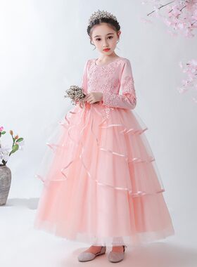 2026新款女童装长袖晚礼服长裙纯色蓬蓬公主裙儿童婚纱礼服小女孩