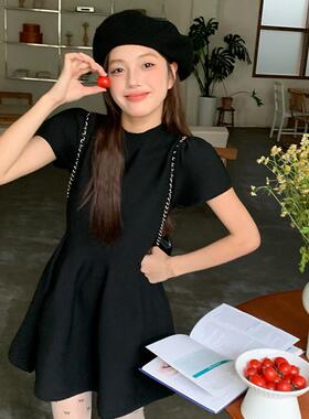 NCTA夏季高级感针织短袖洋装女小个子收腰显瘦感蓬蓬气质小黑裙