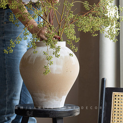 新中式侘寂粗陶花瓶手绘高级感陶瓷景德镇陶艺茶空间花器软装摆件