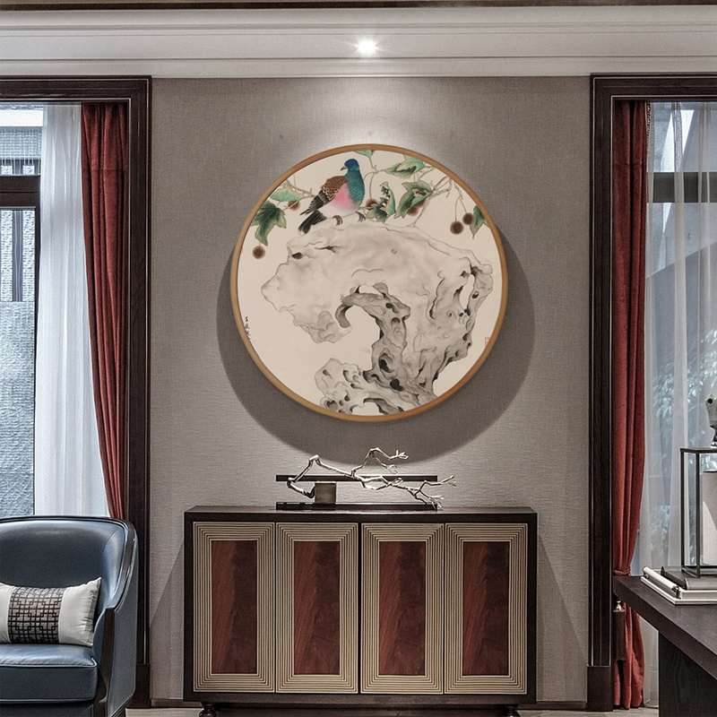 网红新中式禅意装饰画太湖石挂画圆形国画画框餐厅书房样房水墨玄图片