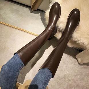 韩版潮牌靴子女长靴高筒靴圆头显瘦咖色靴子小粗腿长筒靴骑士靴子