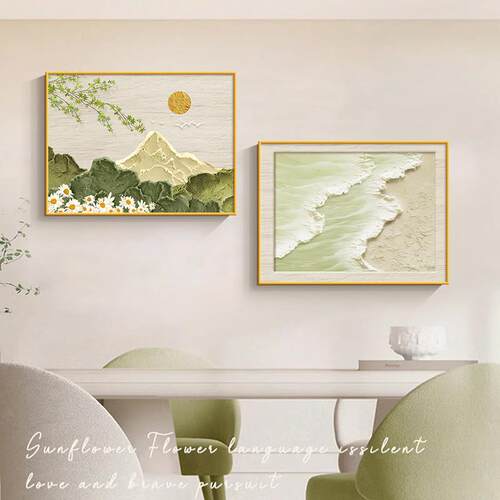 靠山图饭厅装饰画新款肌理感厨房饭厅挂画抽象海浪卧室床头组合画