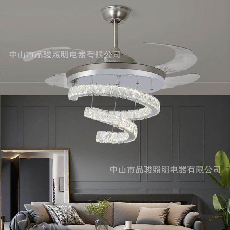 新款跨境客厅水晶隐形风扇灯欧式吊扇灯客厅卧室餐厅电扇吊灯