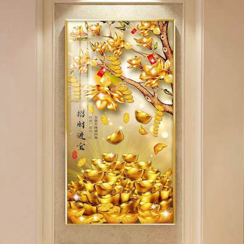 招财进宝现代聚宝盆装饰画玄关贴画客厅走廊黄金发财树风水挂画