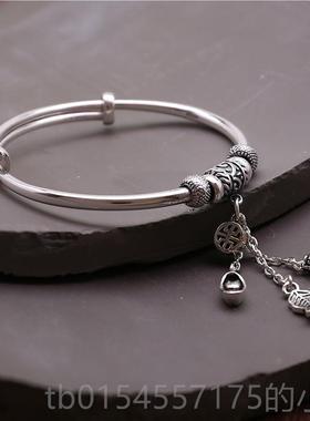 正品银999足手镯复古纯流苏款貔貅福袋叶子吊坠推拉9银镯子女银送