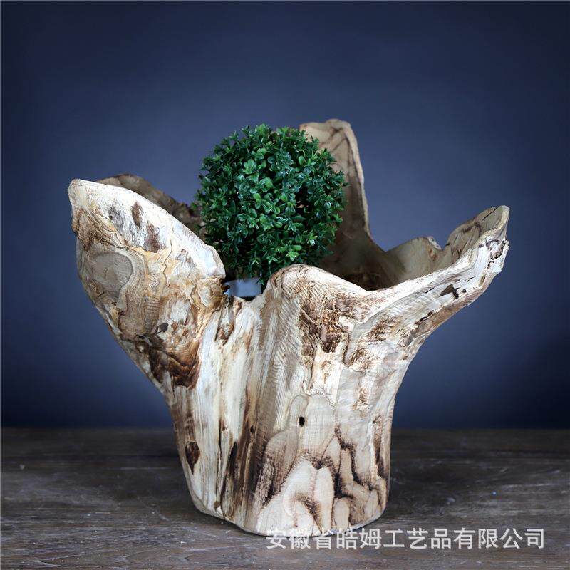 销售北美风木质多肉花盆复古树根大口径植物盆景花盆花器花桶