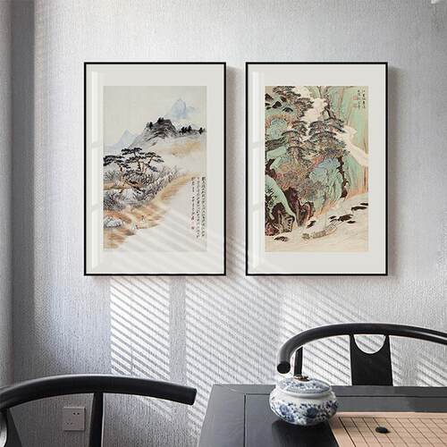 曛暮新中式客厅山水装饰画玄关走廊迎客松挂画中国风茶楼国画