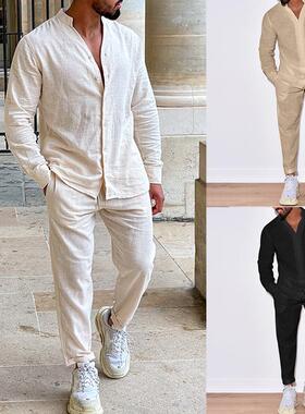 Men's linen suit long sleeved jumpsuit workwear long