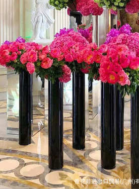PC防摔纯黑色塑料圆柱仿陶瓷玻璃落地花瓶婚礼活动装饰酒店大堂
