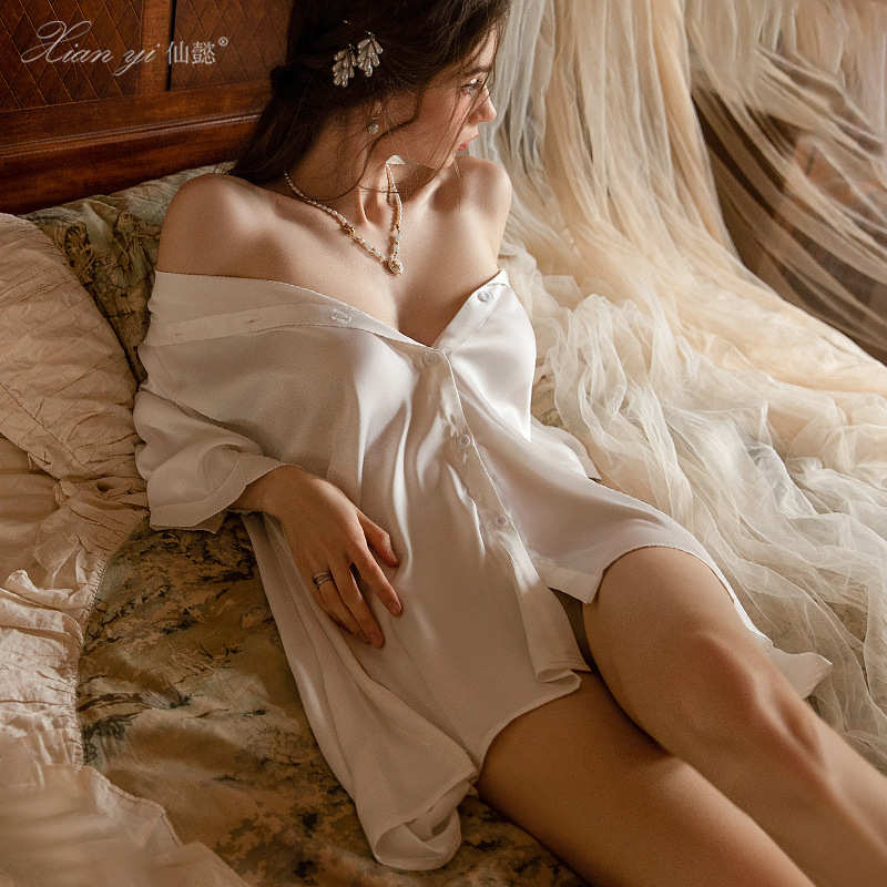 仙懿睡衣女夏高级感长袖男友风衬衫纯欲深V露背蝴蝶结睡裙大码606