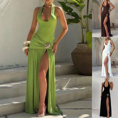 Pure Color U Neck Waist Ruched Split Halter Dress Sleeveless