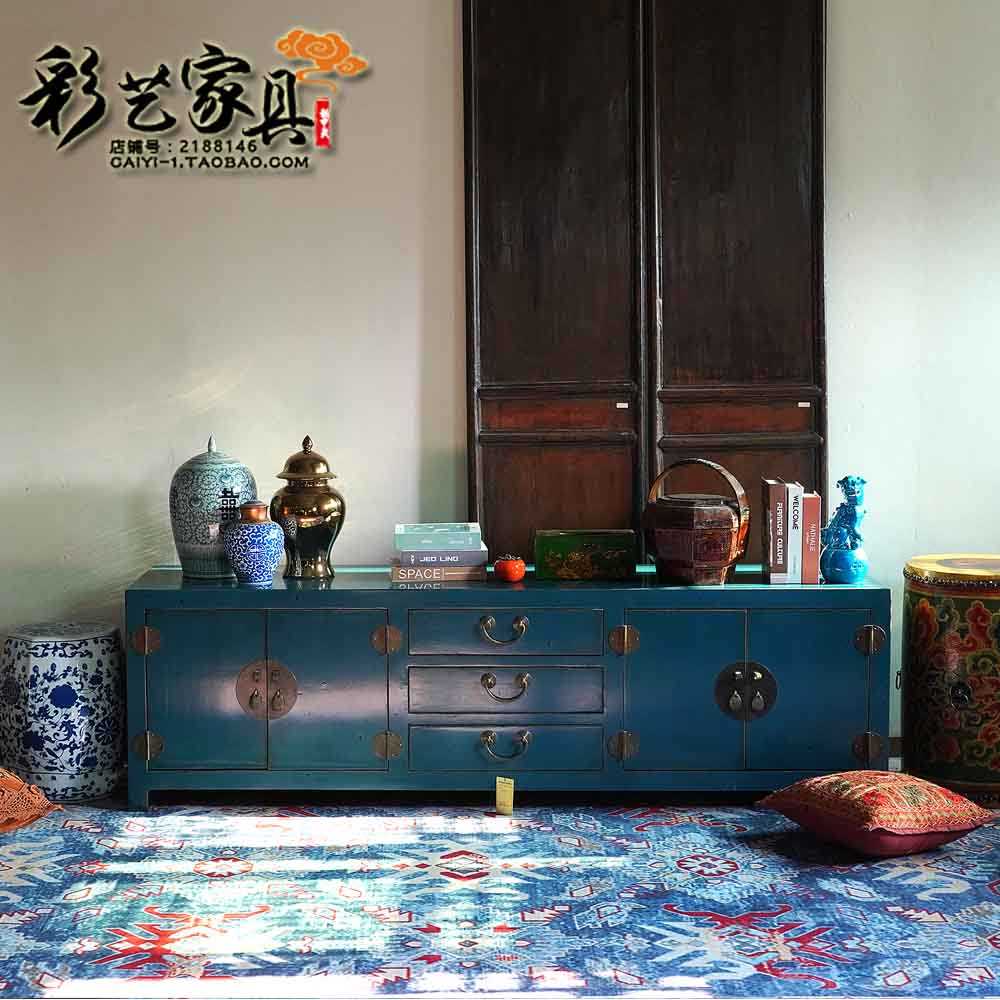 新中式实木电视柜客厅装饰储物地柜仿古做旧家具整装定制古典矮柜