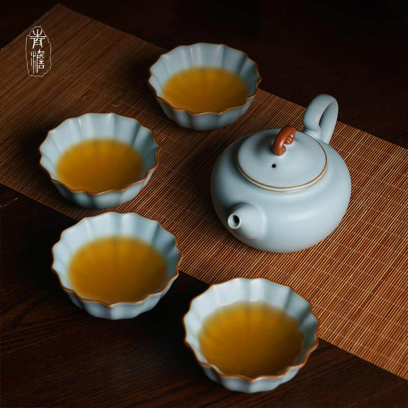 汝窑茶具套组家用礼盒装中式陶瓷景德镇汝瓷功夫茶具开片可养青瓷