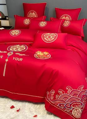 结婚四件套婚庆婚房喜被床单龙凤刺绣被套被单婚礼大红色床上用品