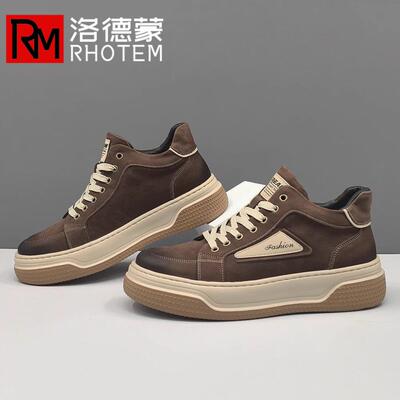 洛德蒙男士板鞋2025秋季头层牛皮加绒保暖高帮鞋休闲鞋时尚潮鞋男