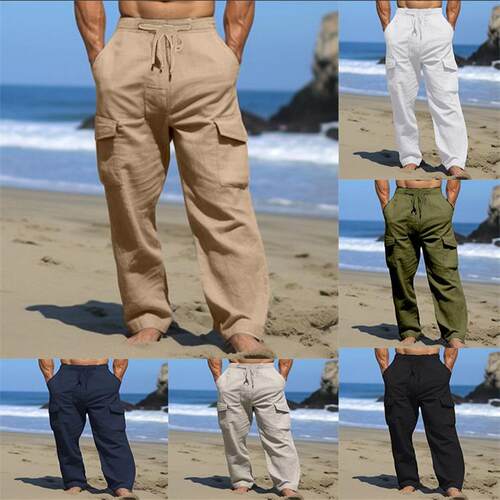 Men's work pants, linen pants, drawstring, multi pocket