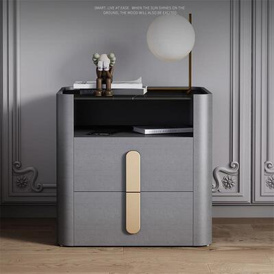 BER912#意式实木岩板带灯床头柜简约轻奢卧室小户型收纳柜北欧原