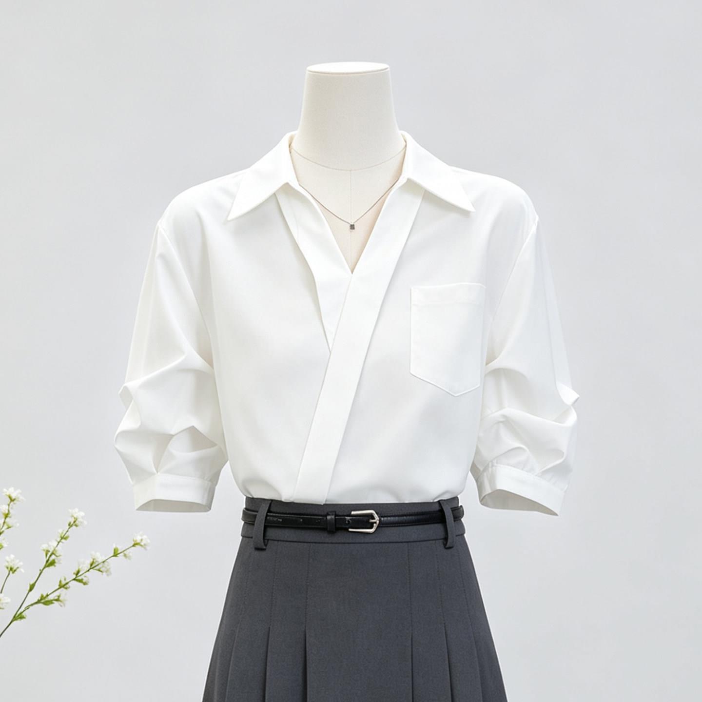 白色衬衫女夏季2026新款上班服套装面试穿搭通勤商务上衣V领衬衫